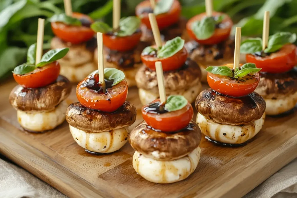 Stuffed mushrooms topped with cherry tomatoes, fresh basil, and balsamic glaze, arranged on a wooden serving tray for an elegant appetizer presentation.