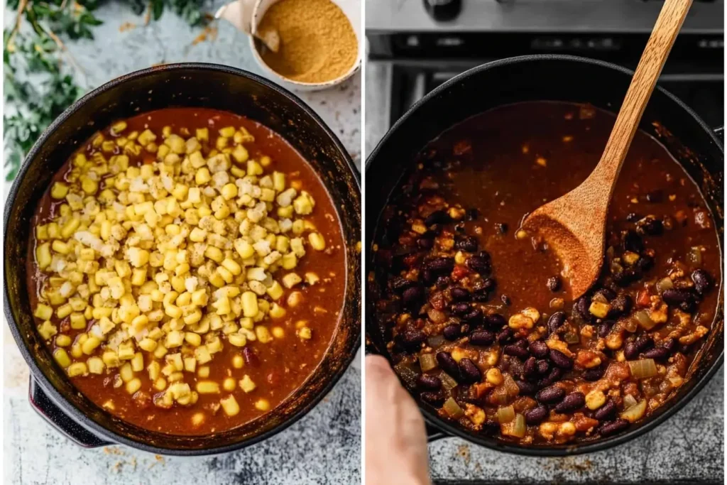 A step-by-step view of taco soup preparation in a pot, showcasing vibrant corn, beans, and rich tomato-based broth being stirred with a wooden spoon, placed on a kitchen countertop.