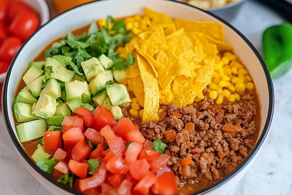 A vibrant bowl of taco soup showing separate sections of fresh avocado, diced tomatoes, ground beef, sweet corn, cilantro, and tortilla chips, beautifully arranged.