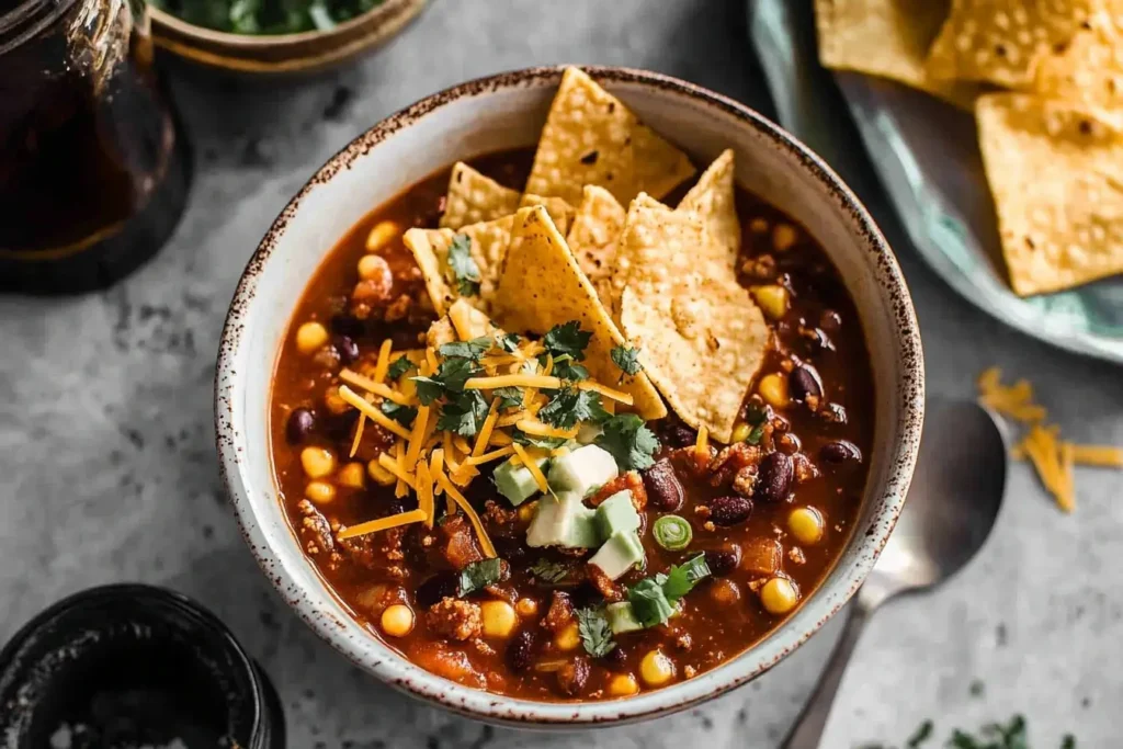 A bowl of taco soup garnished with shredded cheese, cilantro, avocado, and tortilla chips, placed on a rustic table with additional toppings and chips in the background.