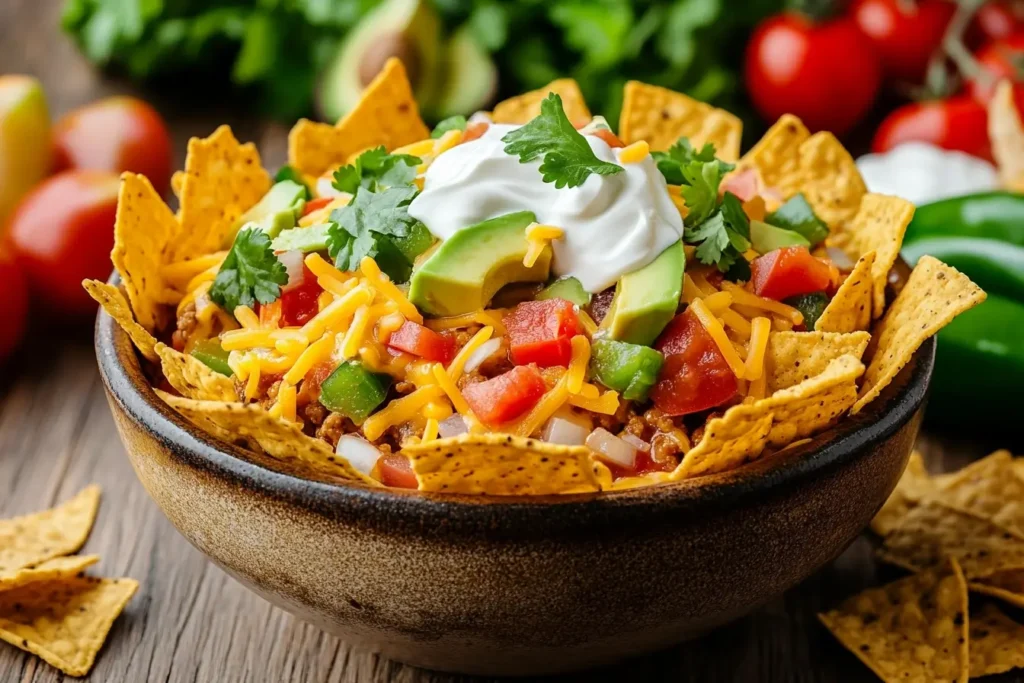 A steaming bowl of taco soup topped with Fritos corn chips, shredded cheese, diced avocado, sour cream, and fresh cilantro, served in a rustic bowl on a wooden table with fresh ingredients in the background.