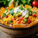 A steaming bowl of taco soup topped with Fritos corn chips, shredded cheese, diced avocado, sour cream, and fresh cilantro, served in a rustic bowl on a wooden table with fresh ingredients in the background.