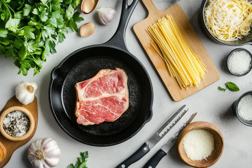 A flat lay of tools for preparing steak and pasta recipes, including a skillet, boiling pot, tongs, cutting board, knife, and fresh ingredients like garlic and parsley.