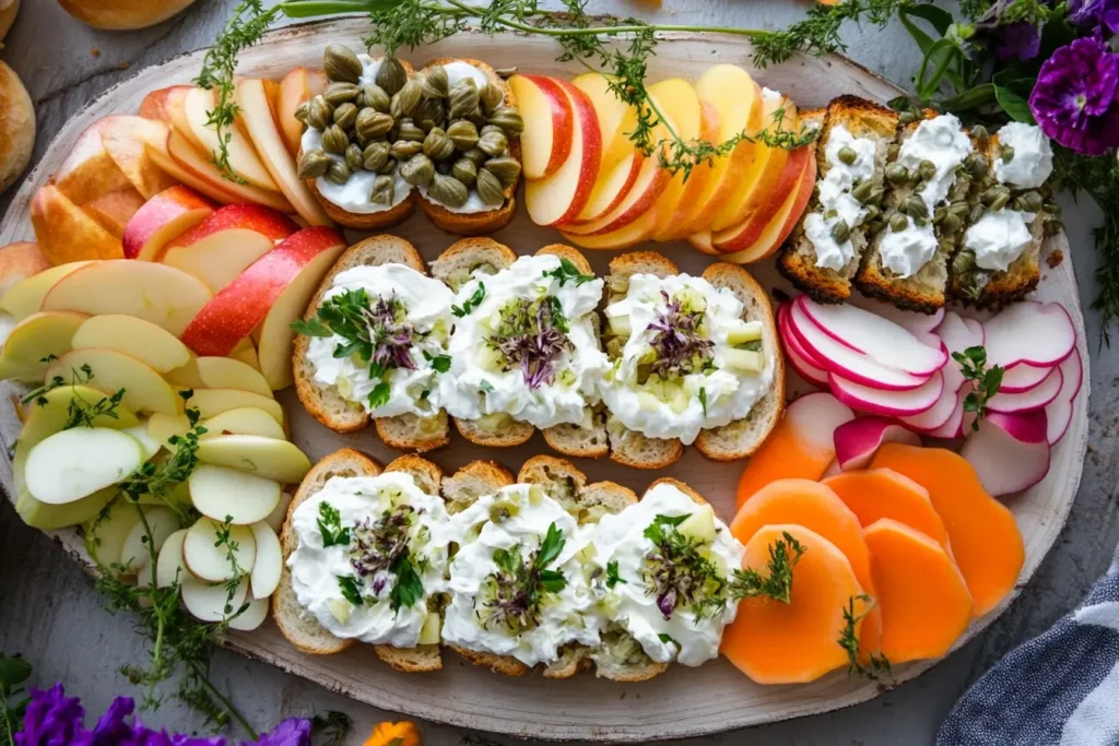 A platter displaying variations of the authentic Matjesbrötchen recipe, featuring options with horseradish cream, apple slices, and capers.