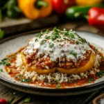 A vibrant dish of old-fashioned stuffed bell peppers filled with rice, beef, and tomato sauce, topped with melted cheese on a rustic table.