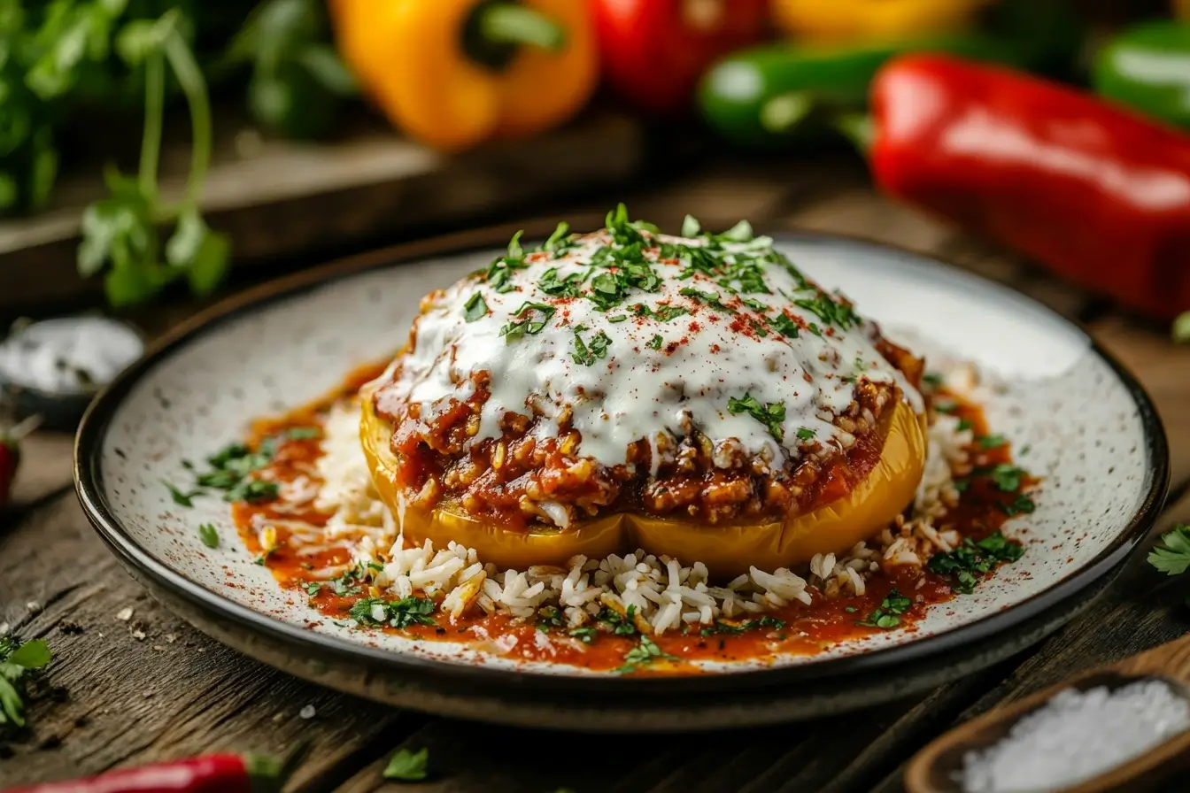 A vibrant dish of old-fashioned stuffed bell peppers filled with rice, beef, and tomato sauce, topped with melted cheese on a rustic table.