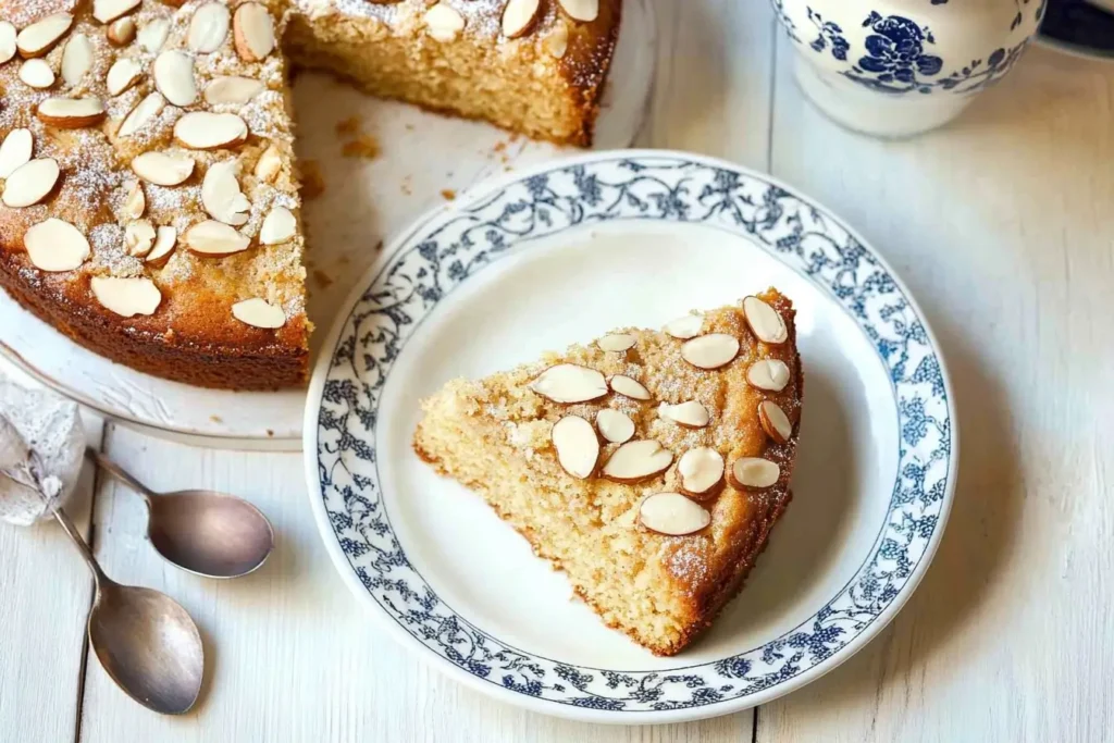 A whole almond nut cake with a slice served on a decorative plate, topped with powdered sugar and sliced almonds. The scene includes teaspoons and a vintage tea set, highlighting an elegant dessert pairing.